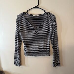 Black and White Fitted Ribbed Long Sleeve Blouse